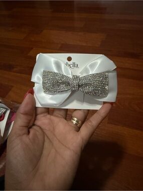 Abella White Satin Bow Clip with Sparkling Silver Rhinestone Accent